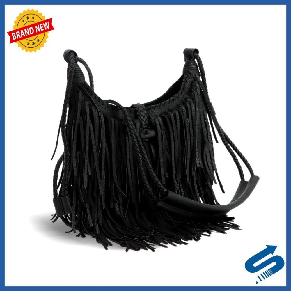 Vegan Faux Suede Hobo Bag with Fringe Tassel Details Crossbody Purse